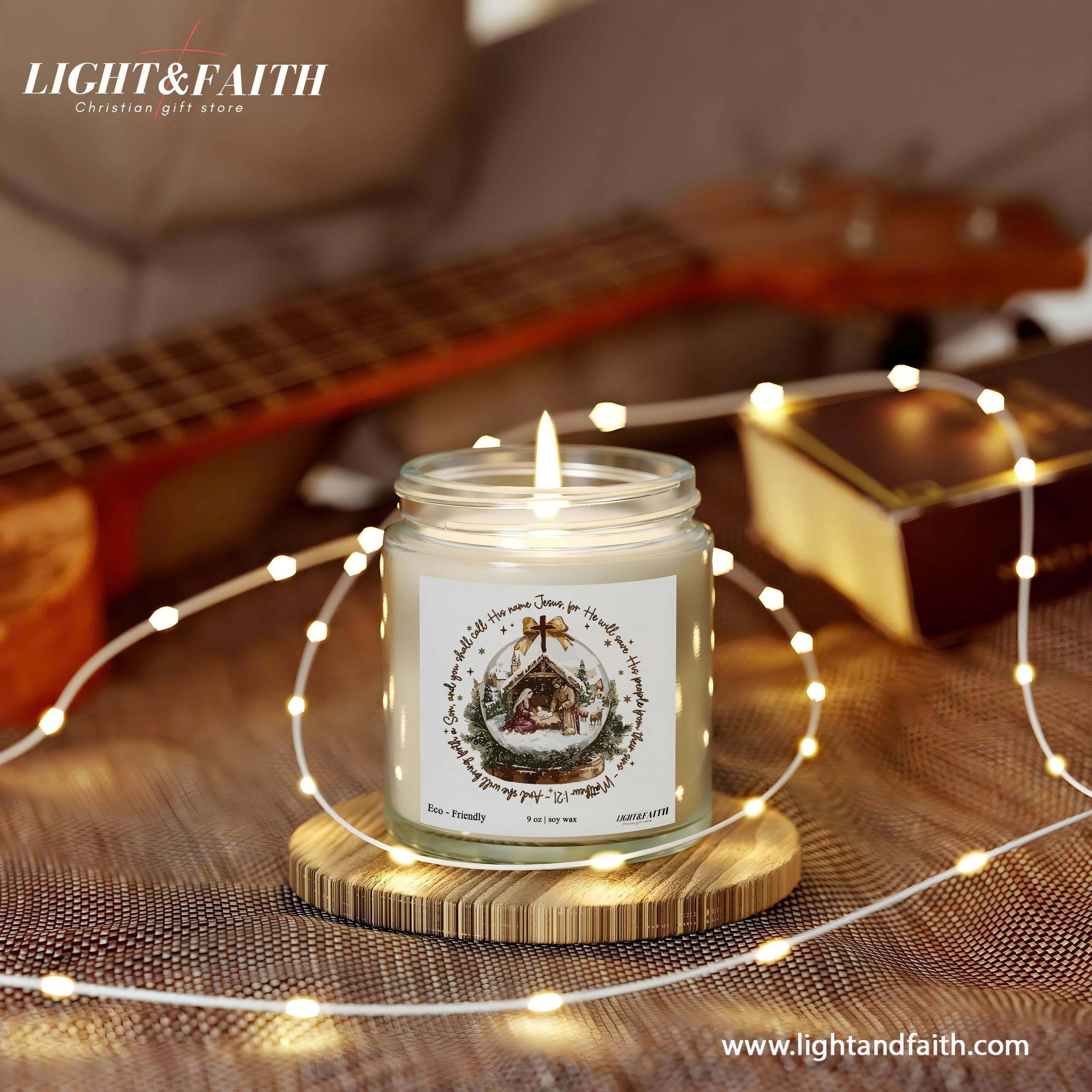 Jesus Name Candle, Matthew 1:21, Nativity Scene Christmas Candle, Inspirational Holiday Gift, Christian Christmas Decor CDLAF31